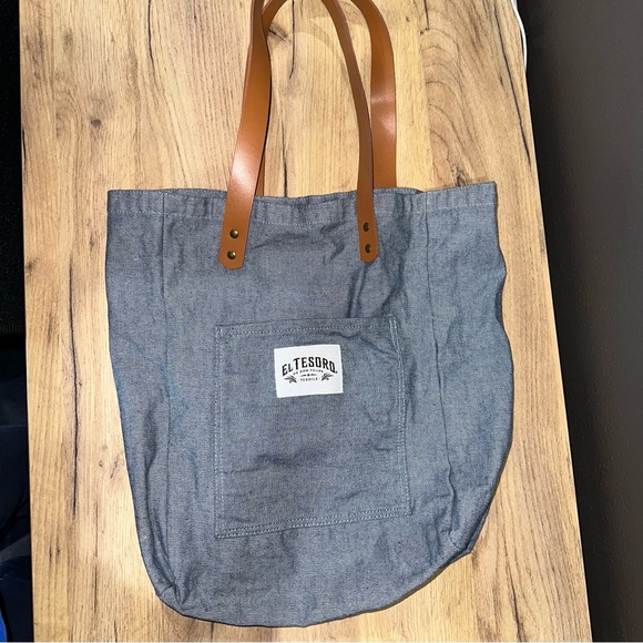 El Tosoro tequila tote bag denim leather gold pockets - Picture 3 of 11